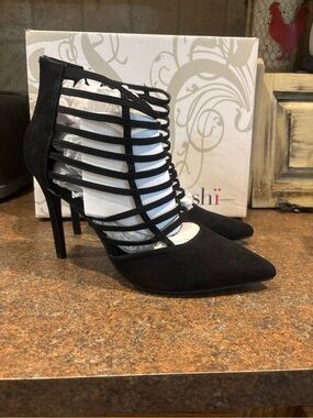 Black Strappy Pointed-Toe Stiletto Heels